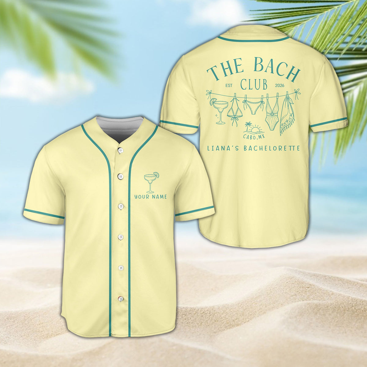 Front view of yellow bachelorette baseball jersey with custom name