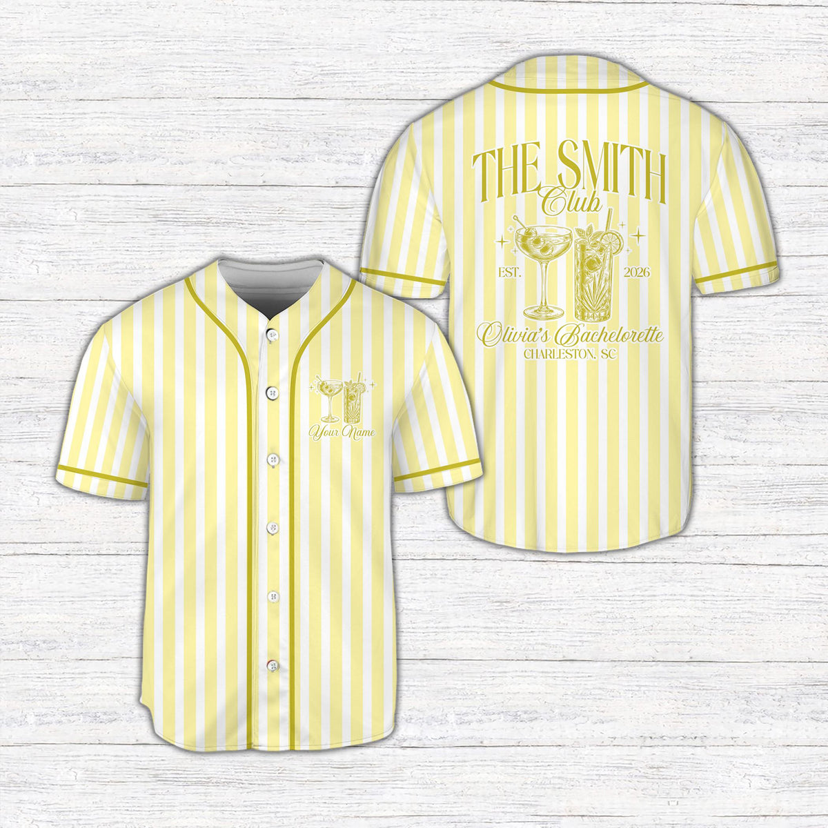 Yellow personalized bachelorette party baseball jersey, front view