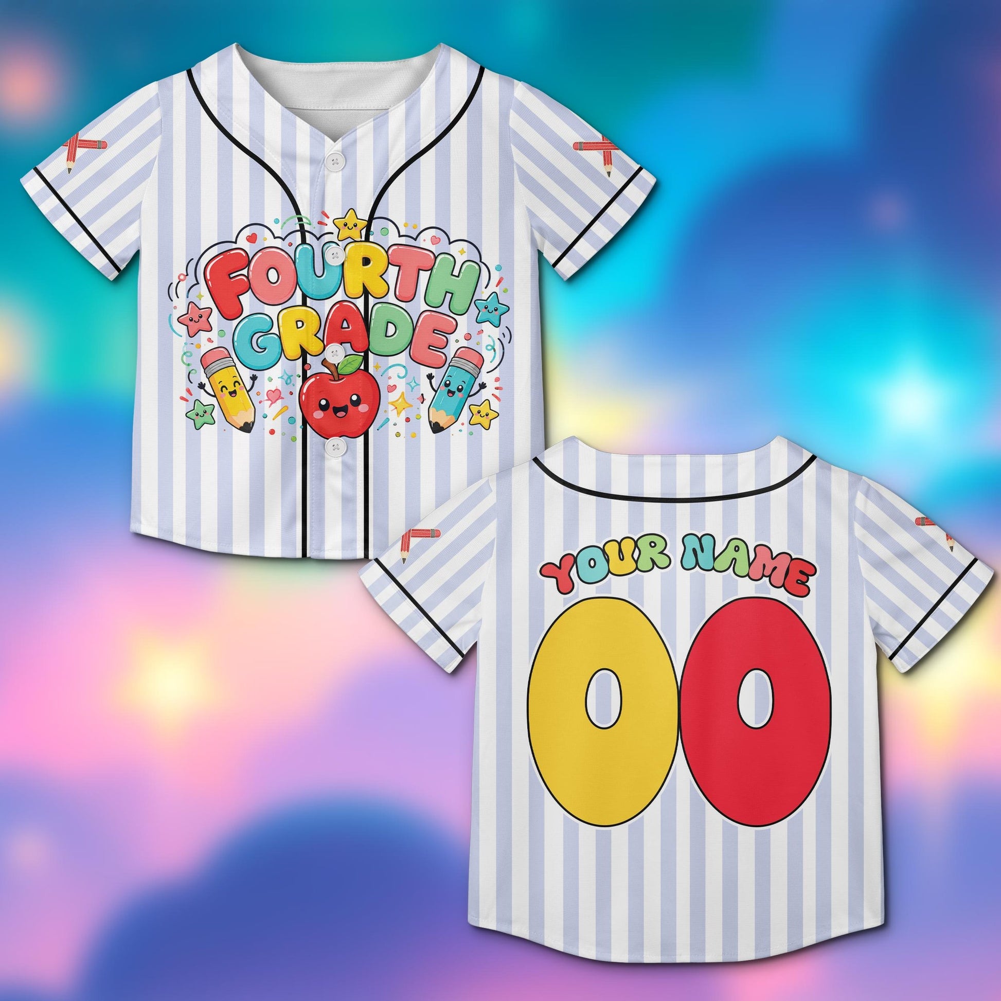 Back view showing custom name and number on the school supplies baseball jersey
