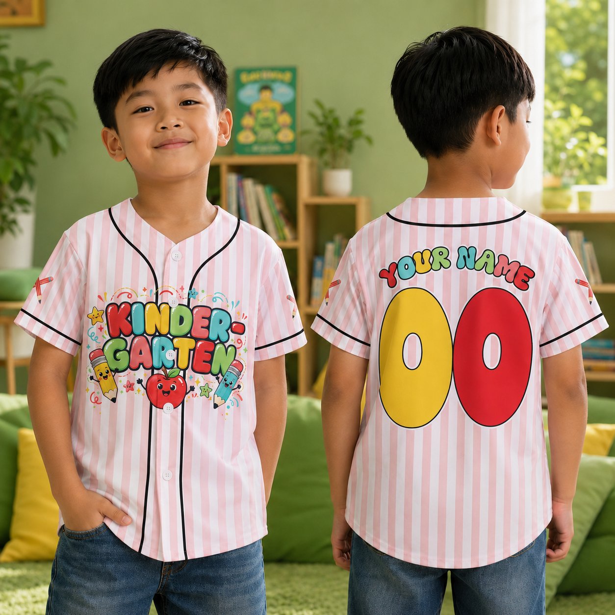 Back view of the custom baseball jersey highlighting the smiling apple and pencils design