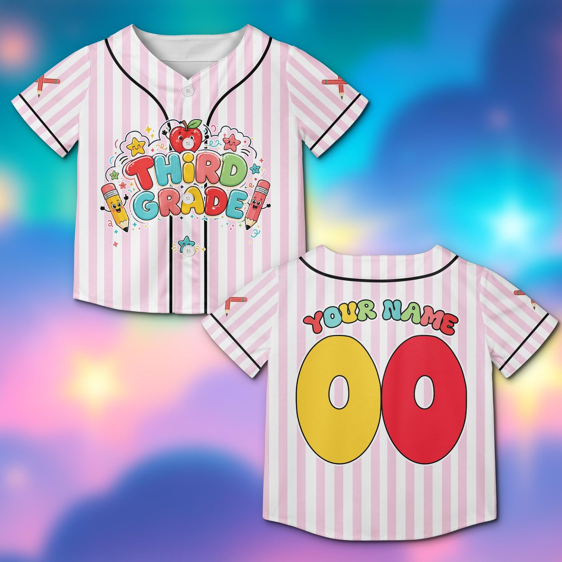 Back view of the personalized white back baseball jersey featuring vibrant stars and swirls