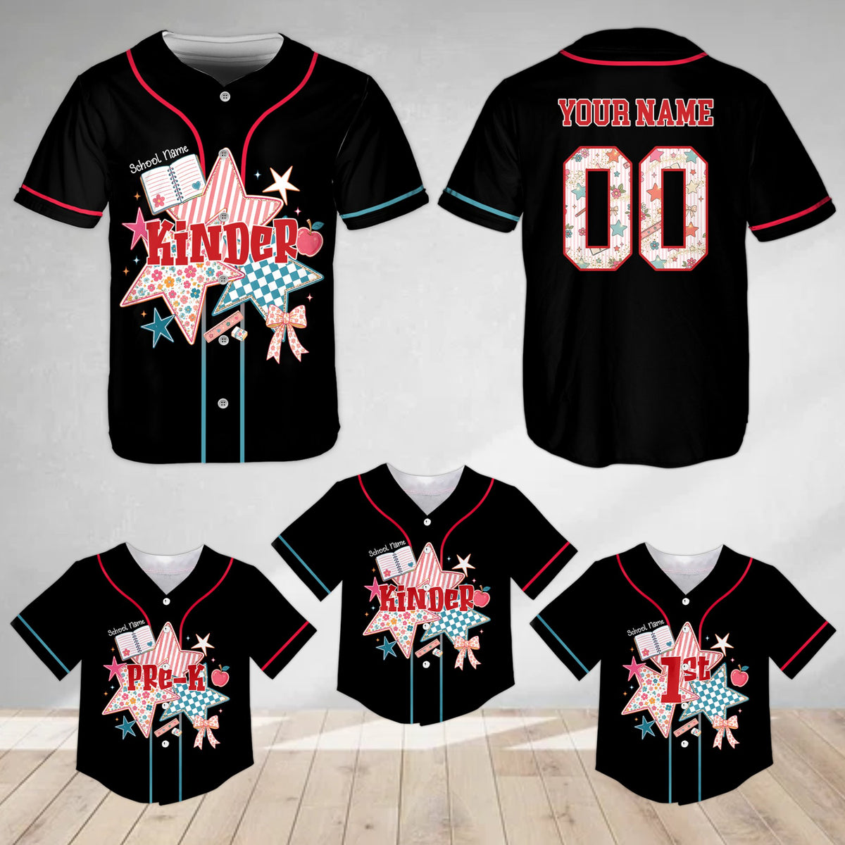 Front view of black back baseball jersey featuring a back to school patterned star graphic