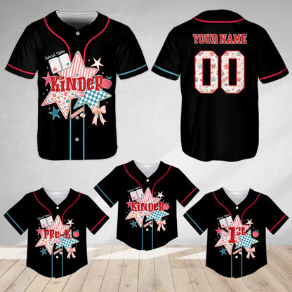 Front view of black back baseball jersey featuring a back to school patterned star graphic