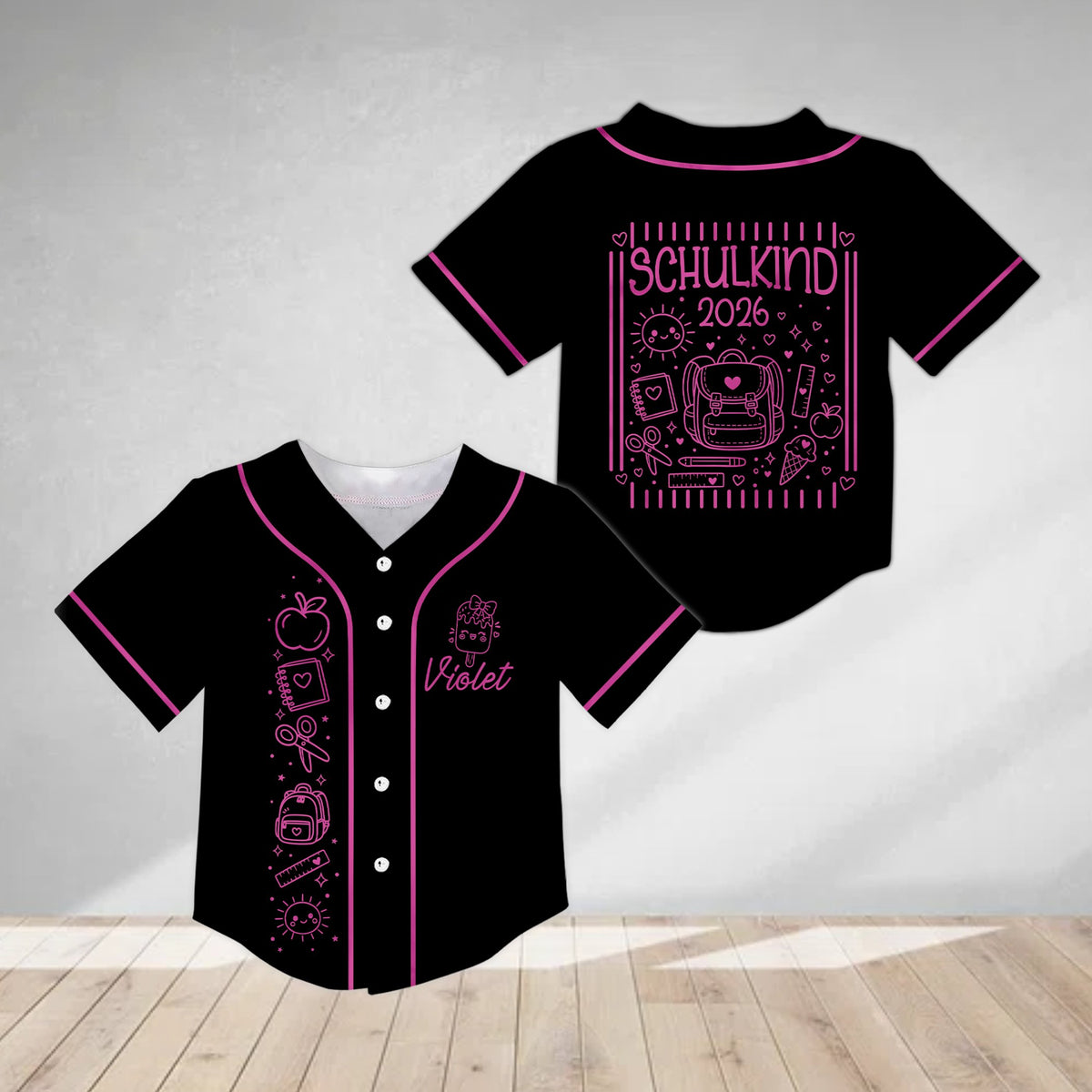 Personalized black back to school baseball jersey with custom name and school graphics, front view