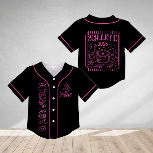 White back to school baseball jersey with custom name and kindergarten design, front view