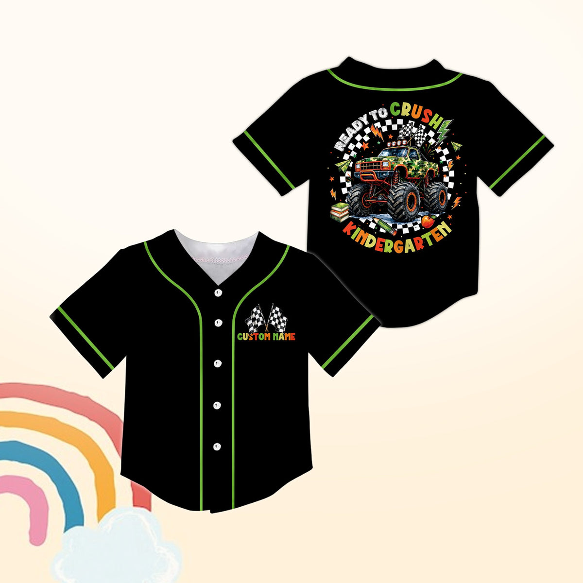 Back of personalized black back to school baseball jersey featuring monster truck and Ready to Crush Kindergarten text
