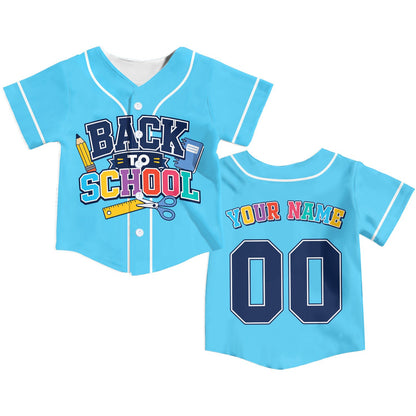 Blue custom back to school baseball jersey front view