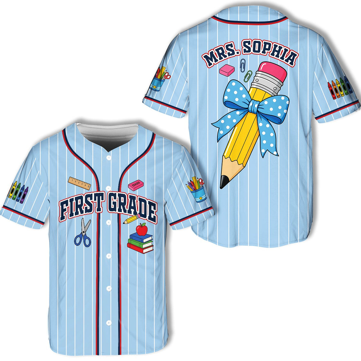 Close-up of light blue custom baseball jersey with school illustrations
