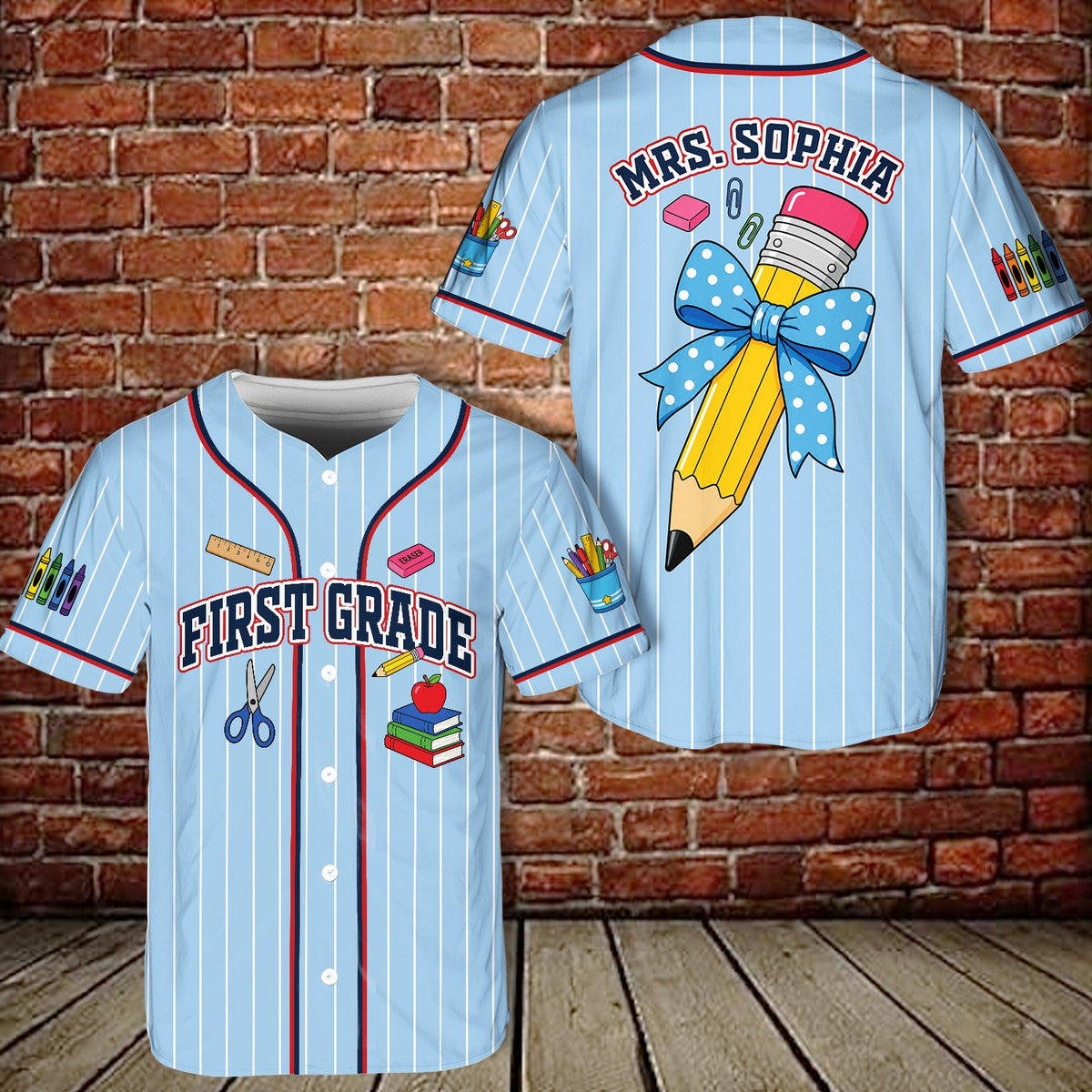 Detail showing buttons and school design on blue baseball jersey