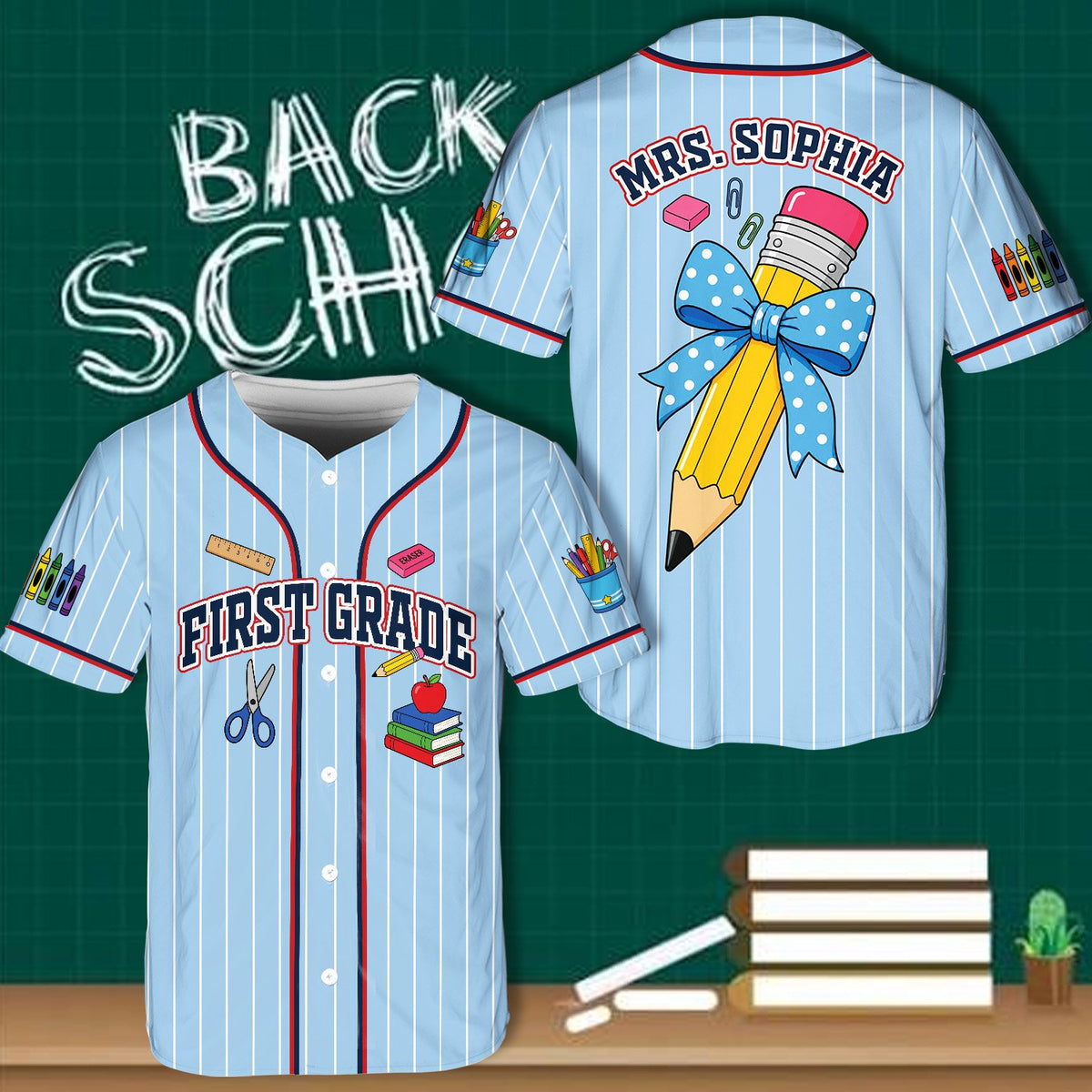 Another view of the light blue back to school baseball jersey