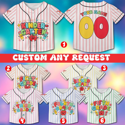 Personalized white back baseball jersey featuring cute cartoon school supplies and stripes, front view