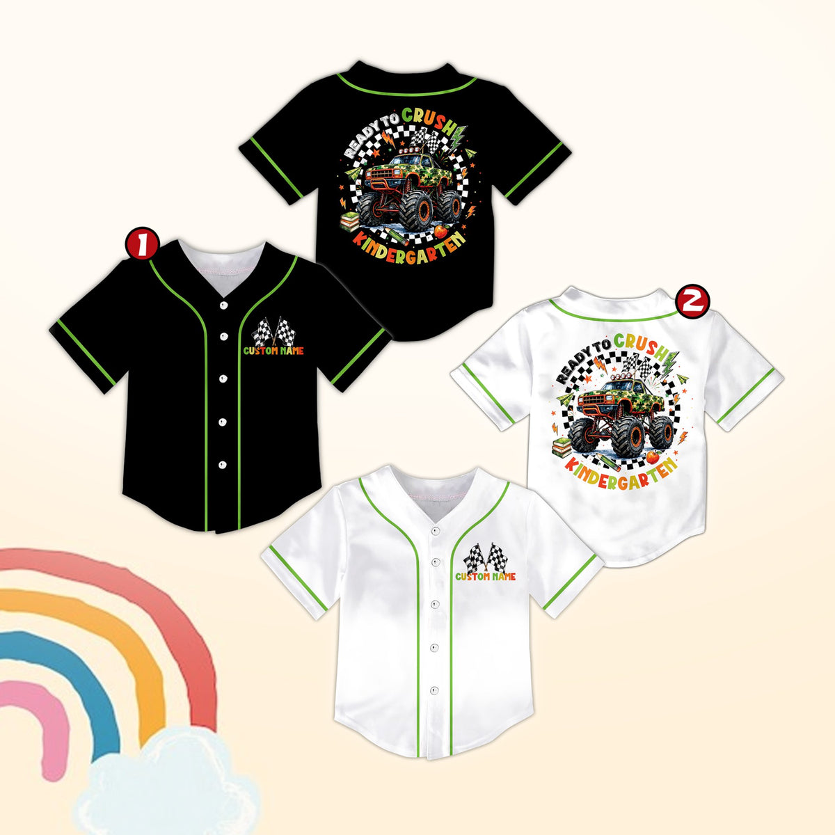Front view of personalized multicolor back to school baseball jersey with custom name