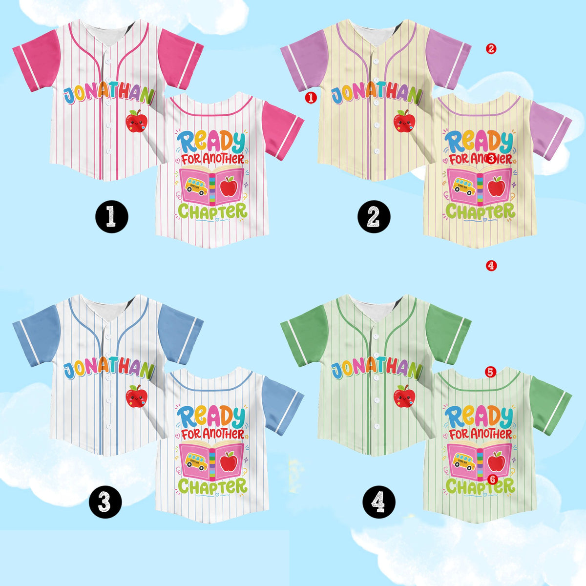 Front view of the personalized back to school baseball jersey with apple and custom name