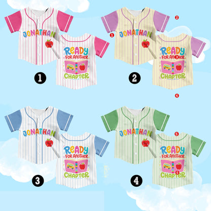 Front view of the personalized back to school baseball jersey with apple and custom name