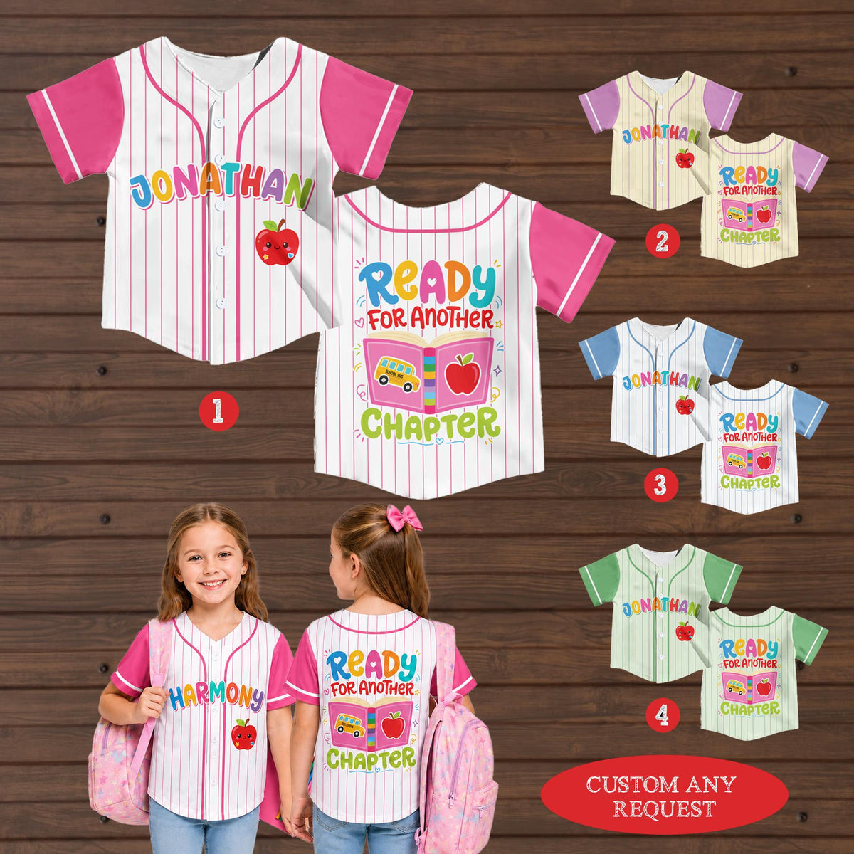 Another lifestyle view of a kid wearing the personalized baseball jersey