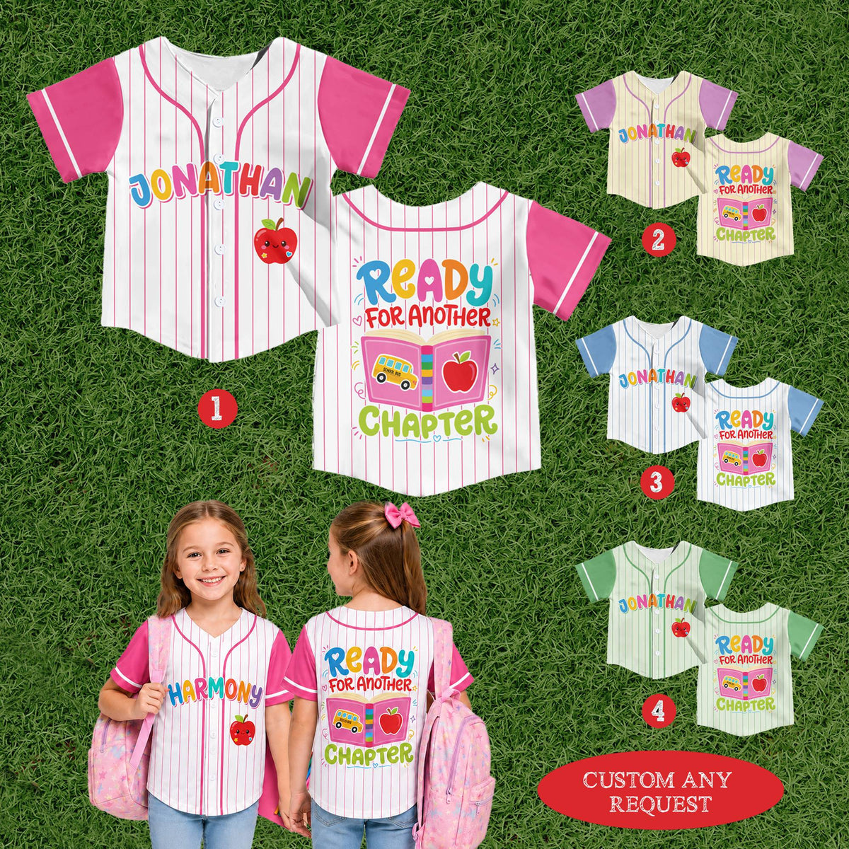 Lifestyle view of a kid wearing the back to school baseball jersey