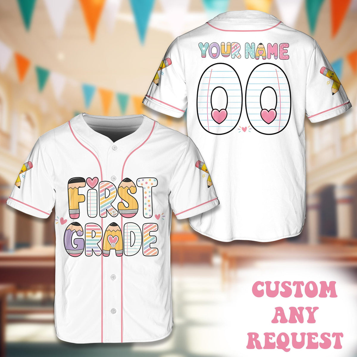 First grade back to school baseball jersey, front view with colorful bubble letters and pink piping