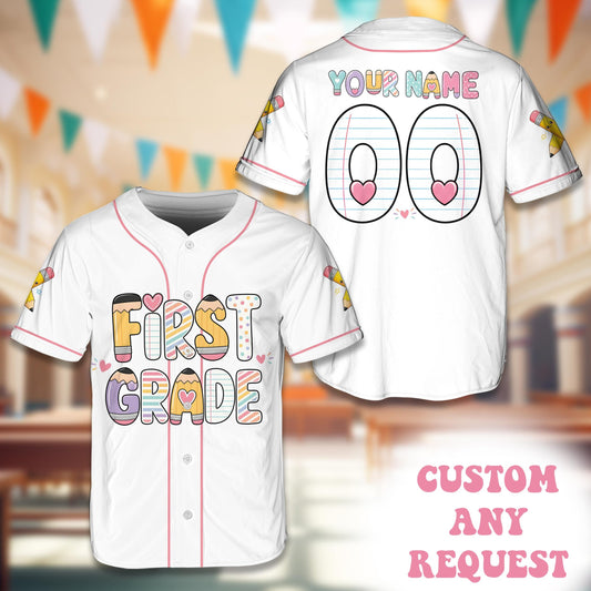 Personalized back to school baseball jersey in white with pink piping and notebook paper design on the back