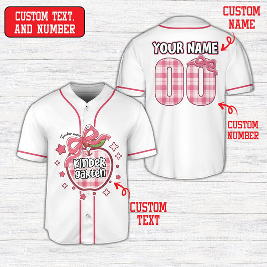 Personalized back to school baseball jersey showing the white front with kindergarten apple design