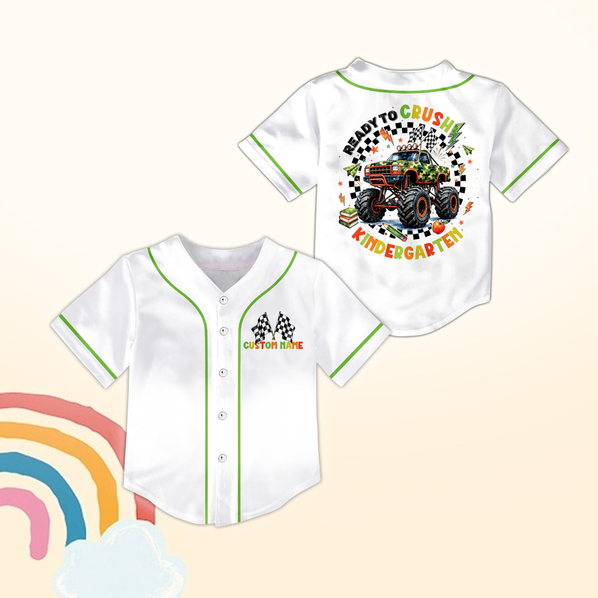 Front view of personalized white back to school baseball jersey with custom name and checkered flags