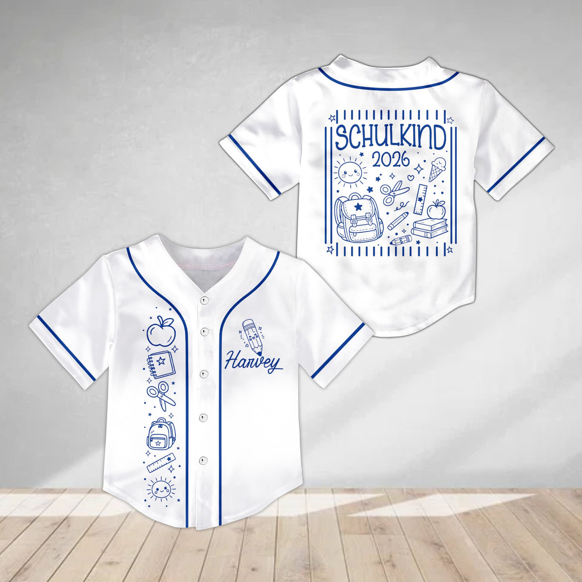 Personalized white back to school baseball jersey with custom name, front view
