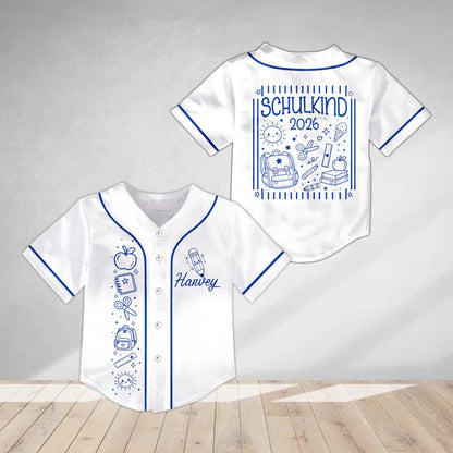 Personalized white back to school baseball jersey with custom name, front view
