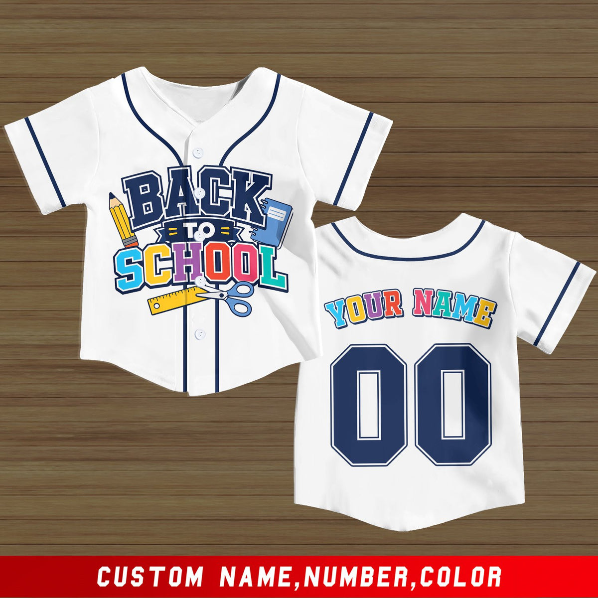 Another front view of the back to school baseball jersey in white