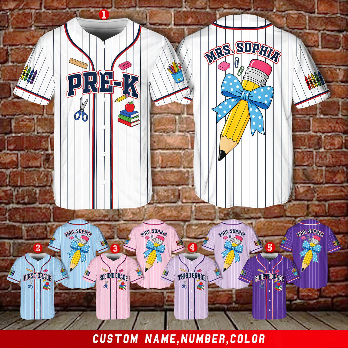 Close-up of front design on custom school baseball jersey