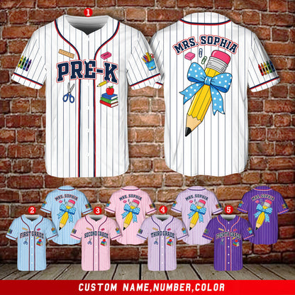 Close-up of front design on custom school baseball jersey