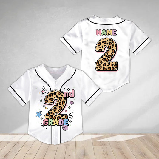 Back to school baseball jersey with 2nd grade leopard print and custom name, white back view