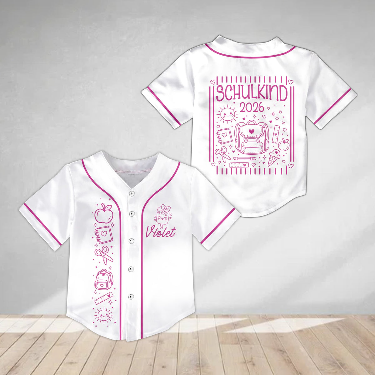 Personalized white back to school baseball jersey alternate front view
