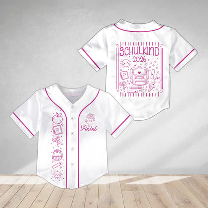 Personalized white back to school baseball jersey alternate front view