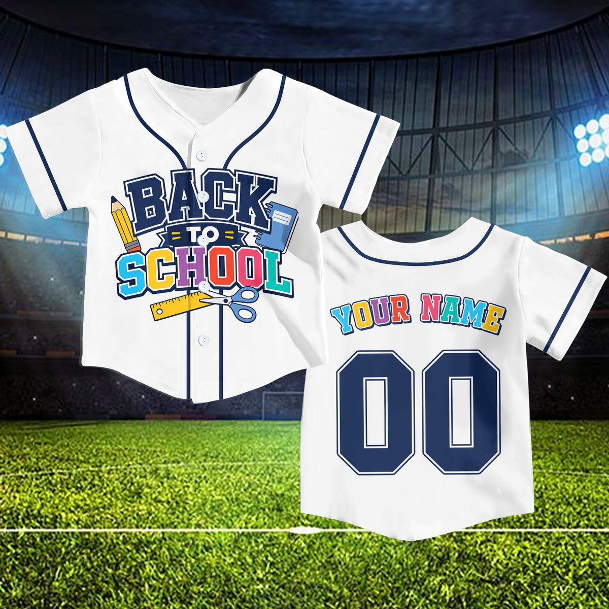 Close up front view of the white back to school baseball jersey