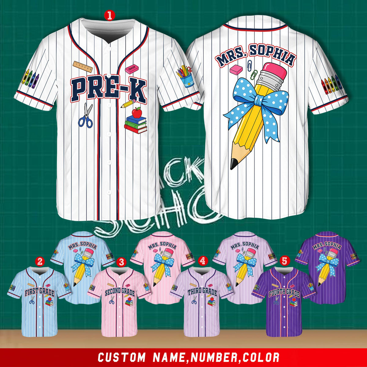 Detail of pencils and crayons on white personalized baseball jersey