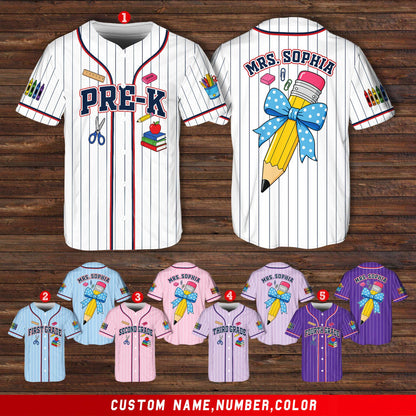 Grade levels and apple illustration on school baseball jersey