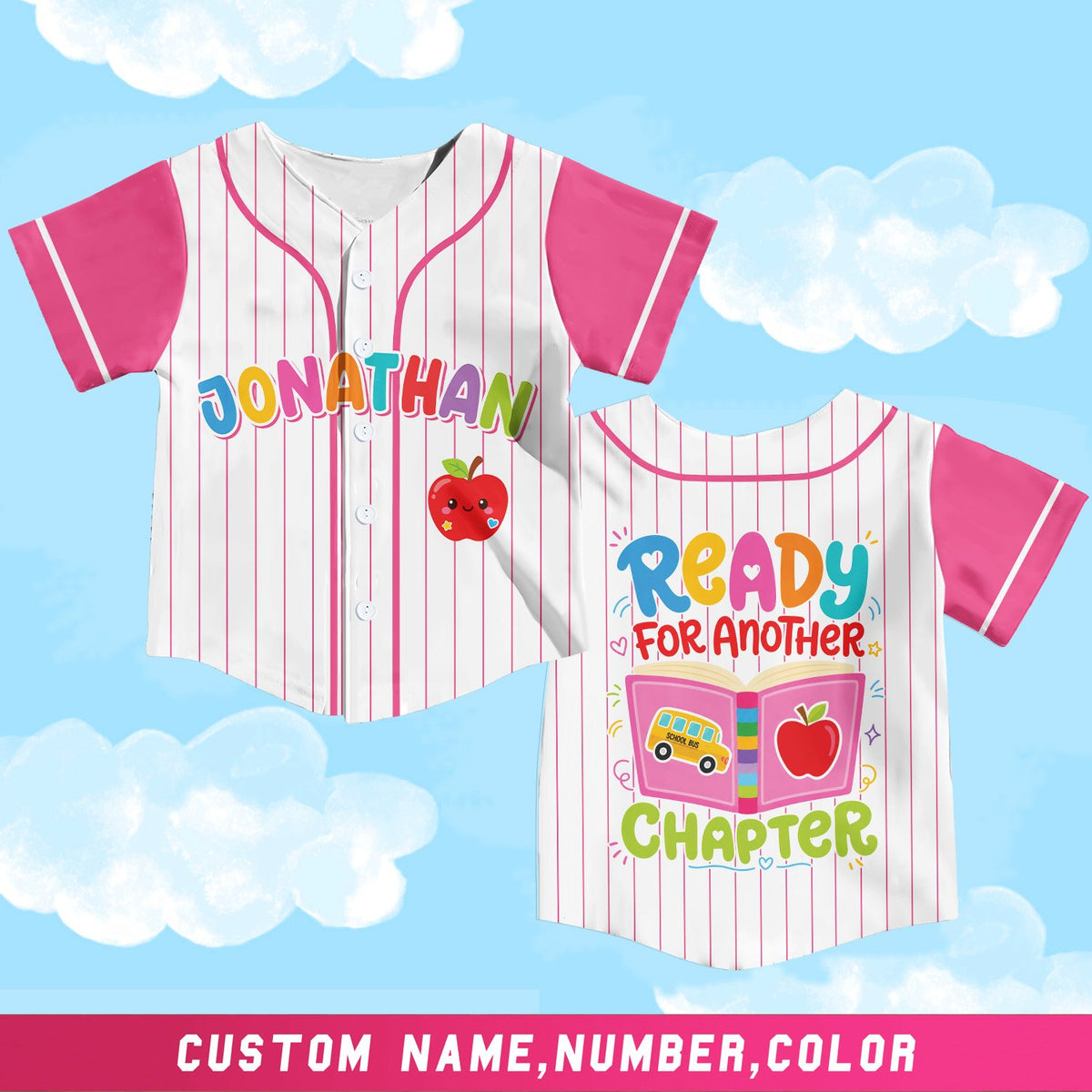 Detailed front view of the back to school baseball jersey