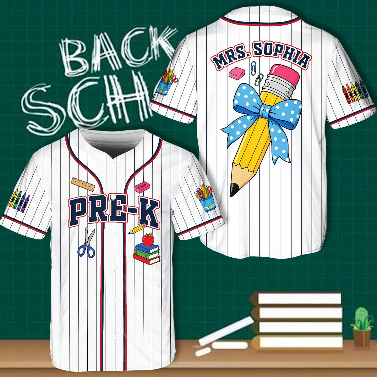 Front of blue personalized baseball jersey with school theme