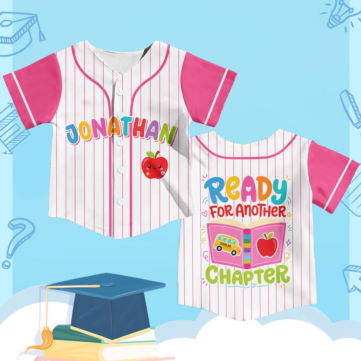 Kids back to school baseball jersey with custom name and number on back, showing open book and school bus design