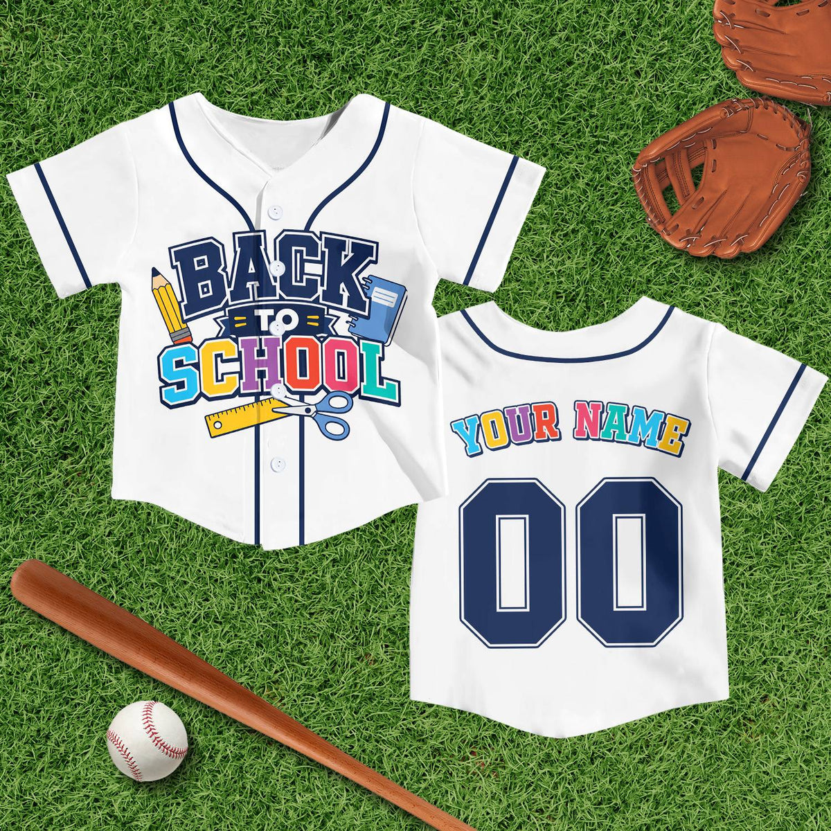 White custom baseball jersey featuring back to school design, front view