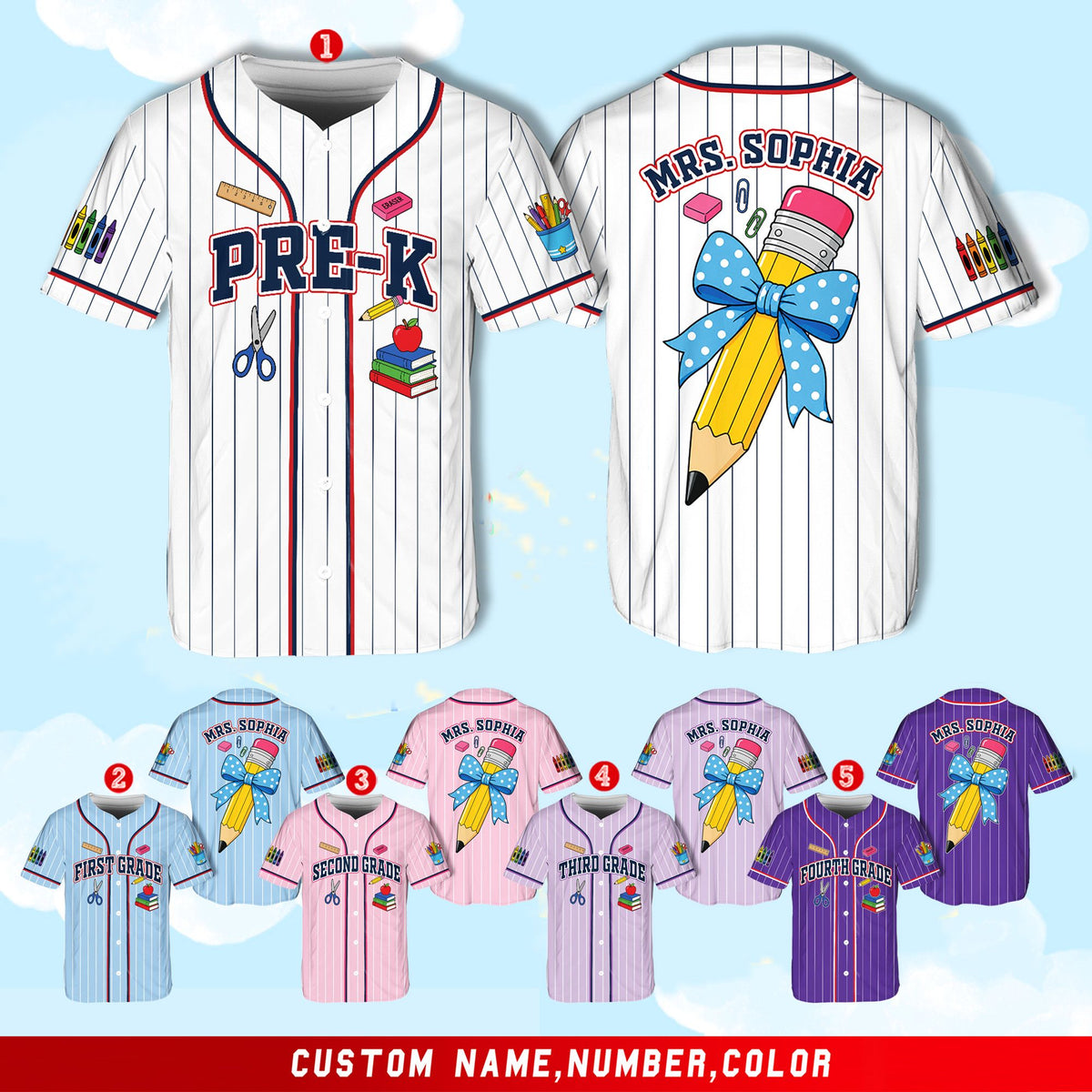 Front of white pinstripe baseball jersey showing school illustrations