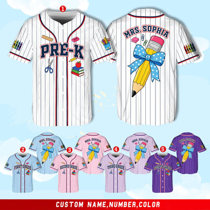 Front of white pinstripe baseball jersey showing school illustrations