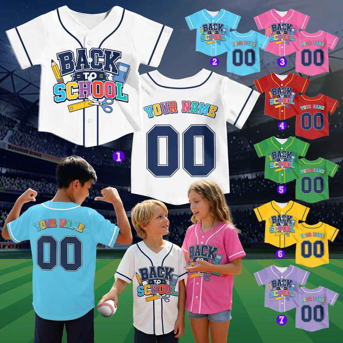Another lifestyle view of the custom baseball jersey with school supplies