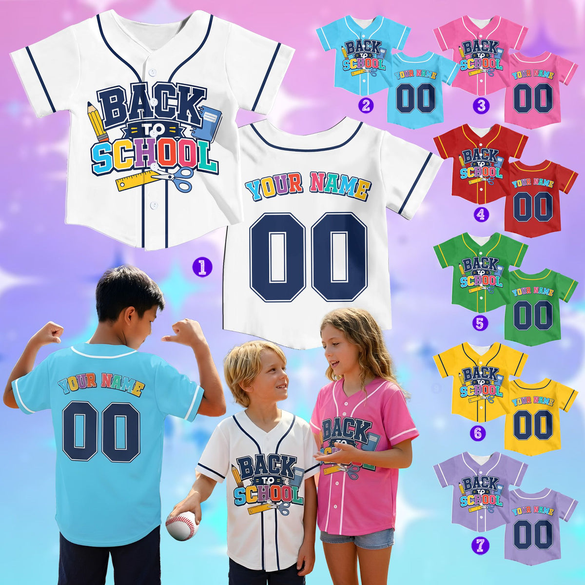 Kid wearing the personalized back to school baseball jersey in white, lifestyle view