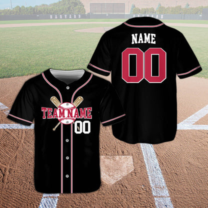 Black custom name and number baseball jersey, front view