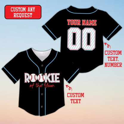 Black custom baseball jersey with Rookie design, front view