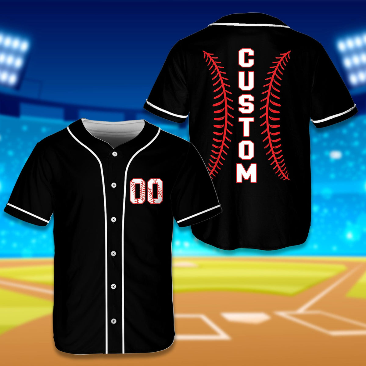 Front view of the custom baseball jersey in black.