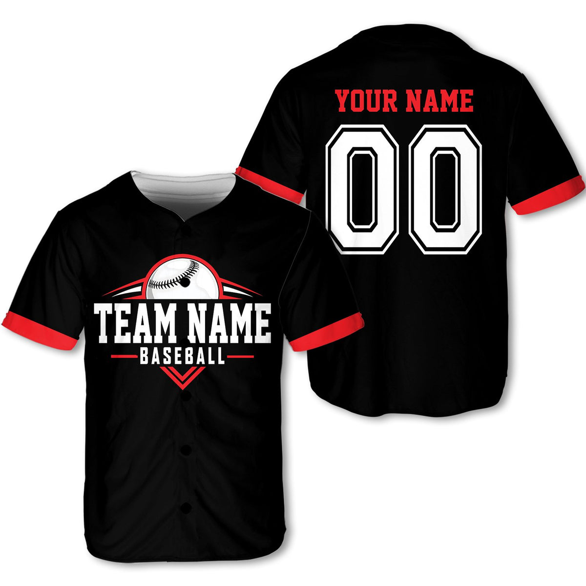 Black custom baseball jersey front view three