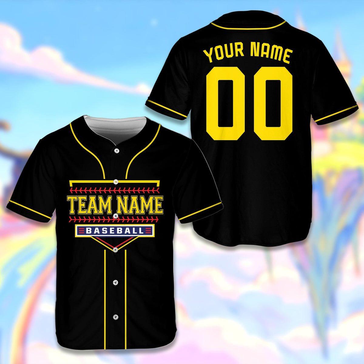 Black customizable baseball jersey with home plate graphic, front view