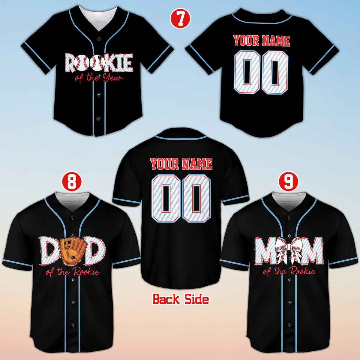 Black personalized baseball jersey with baseball graphic, front view