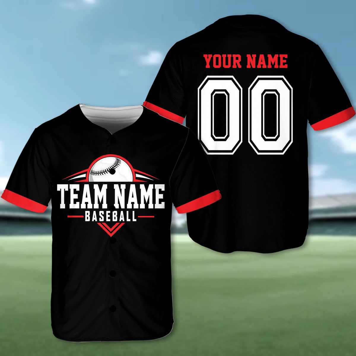 Black personalized baseball jersey front view